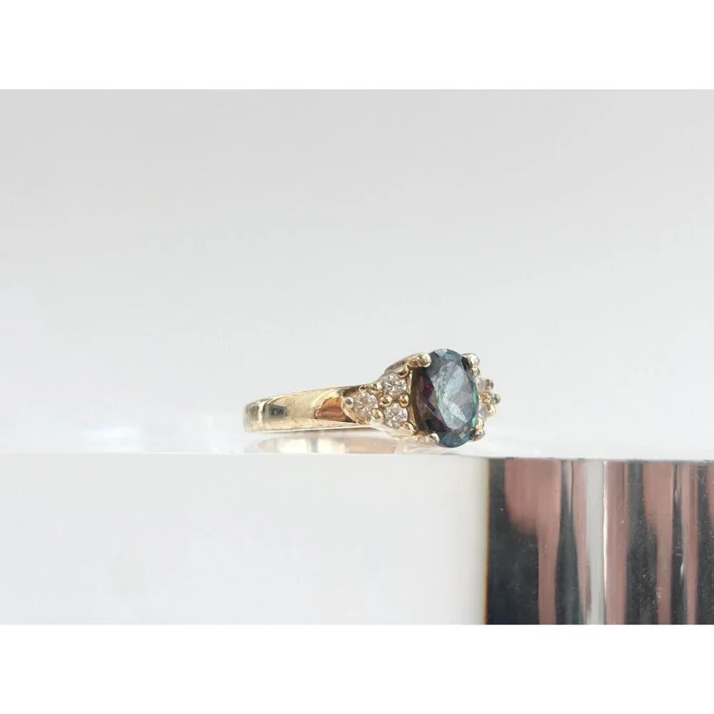 Mystic Topaz Triple CZ Gold Plated 925 Sterling Silver Vintage Ring - sz 7